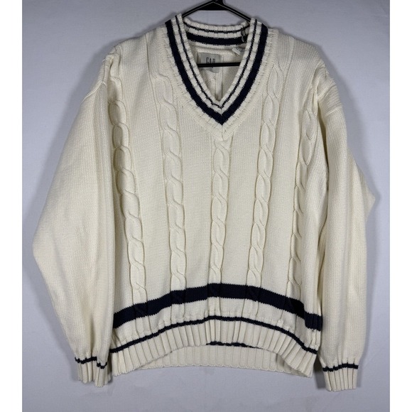 GAP Other - VTG GAP Tennis Sweater Mens Medium White Blue V Neck Cable Chunky Fisherman 90s